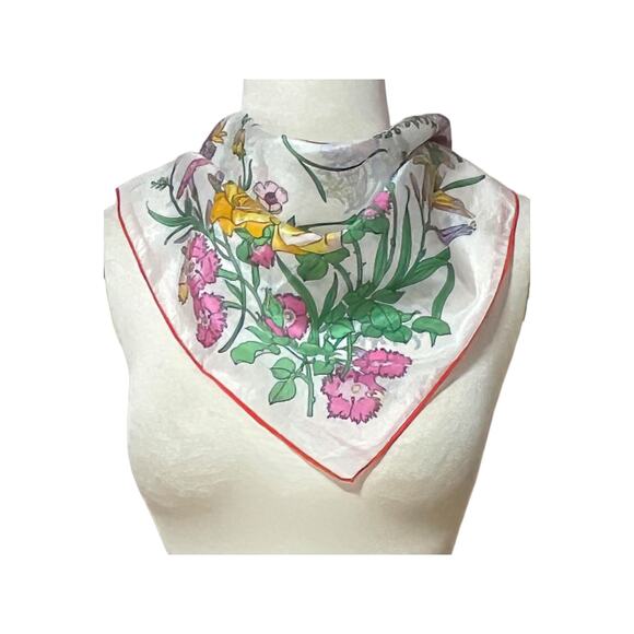 1960s Vibrant Pink & Yellow Blooming Flowers Semi Sheer White Silk Square Scarf - Picture 1 of 7